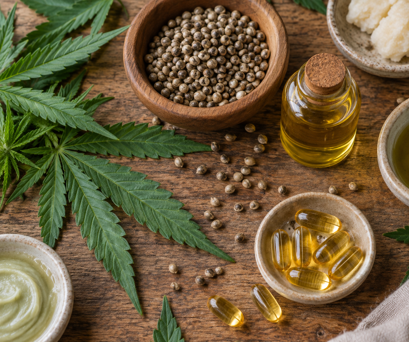 Natural hemp ingredients including hemp leaves and seeds for CBD beard care products