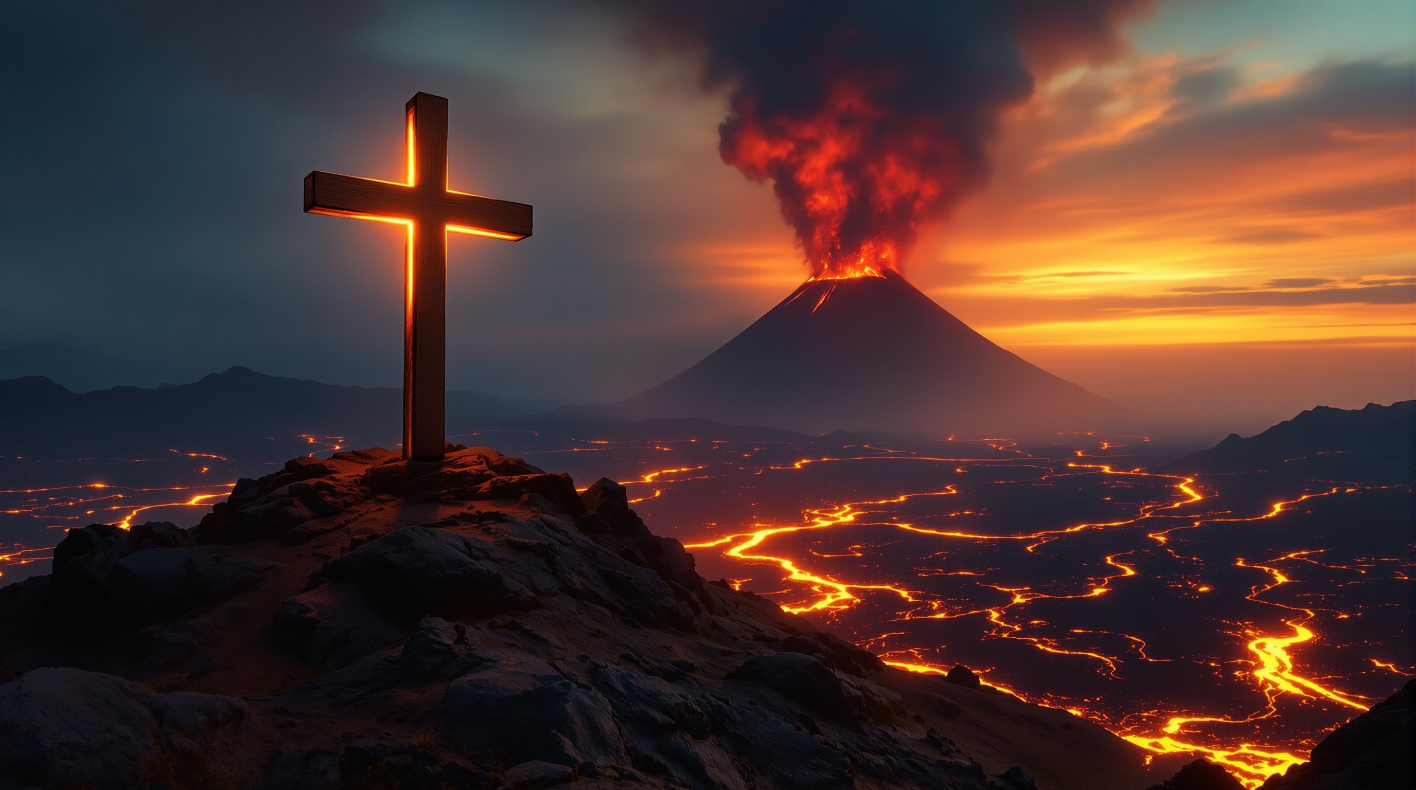 Cross against volcanic sunset