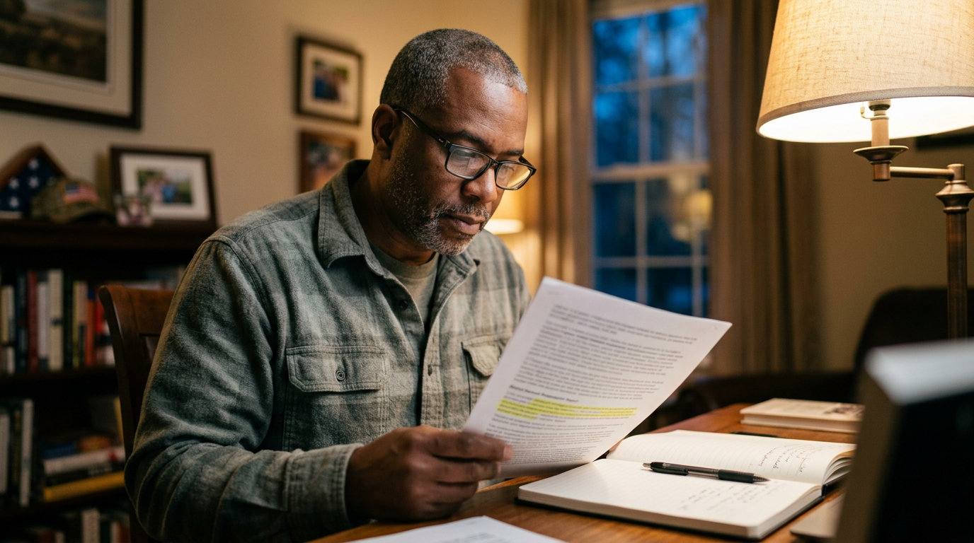 Veteran at his home desk reading a printed medical research report with highlighted passages