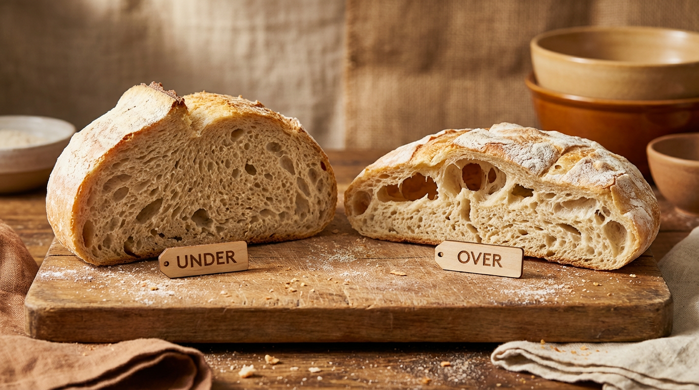 Side-by-side comparison of two halved sourdough loaves on a wooden cutting board showing dramatically different interior crumb structures with small wooden tags labelled UNDER and OVER, revealing dense tight crumb versus collapsed torn crumb