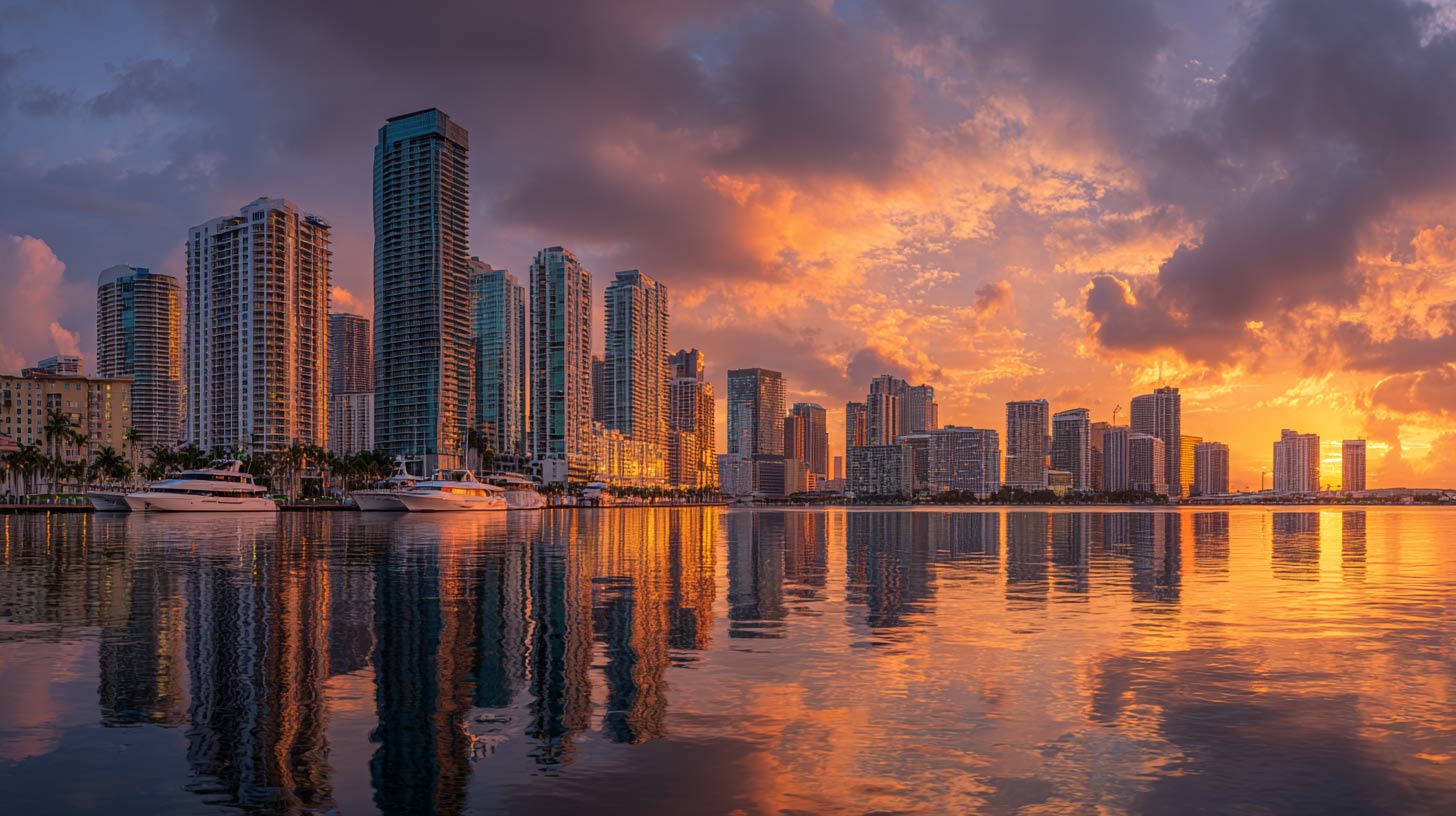 Panoramic Miami skyline with luxury waterfront buildings at golden hour