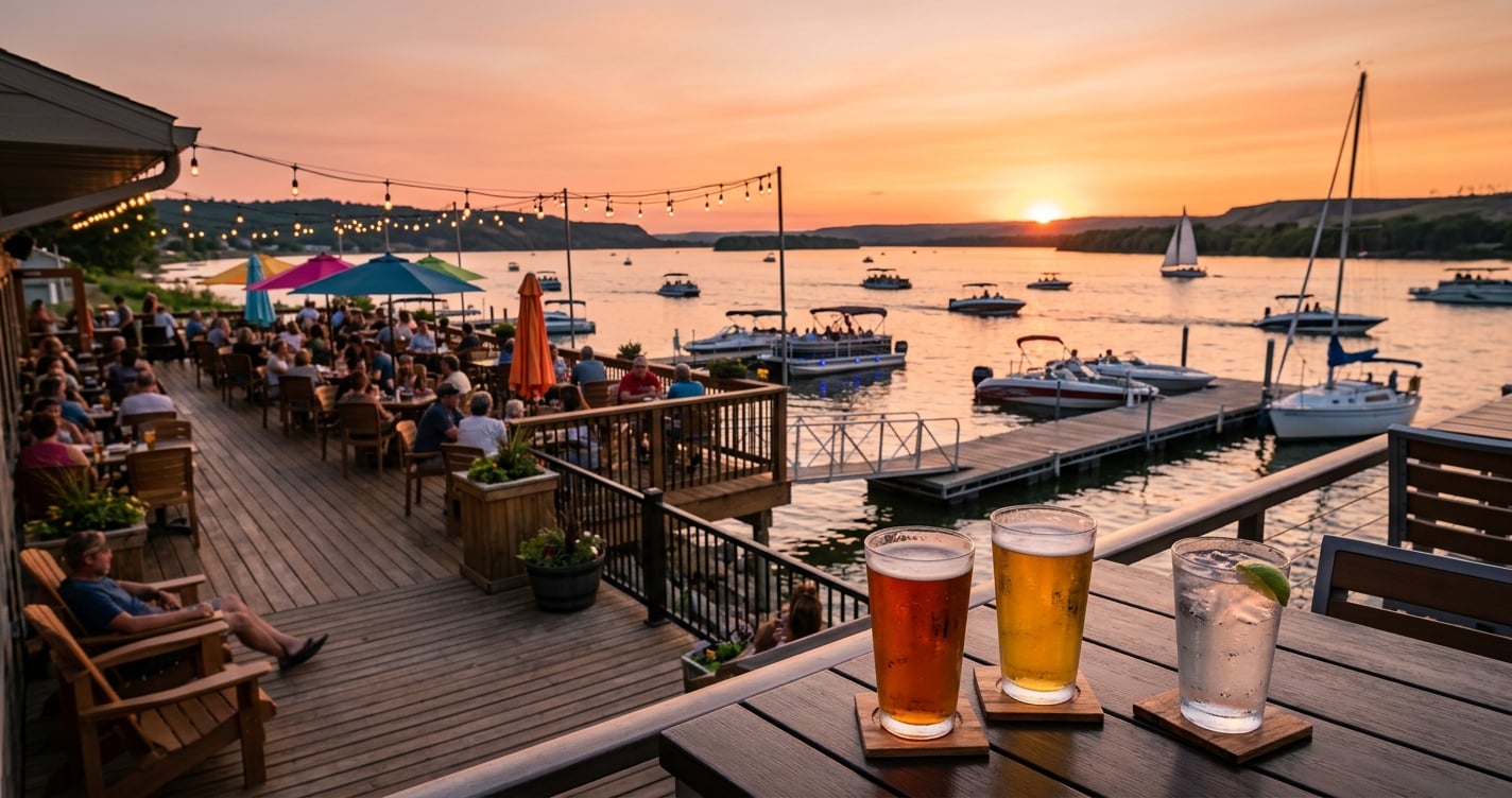 Scenic Missouri River sunset view from a Yankton, SD waterfront patio bar with warm golden hour lighting