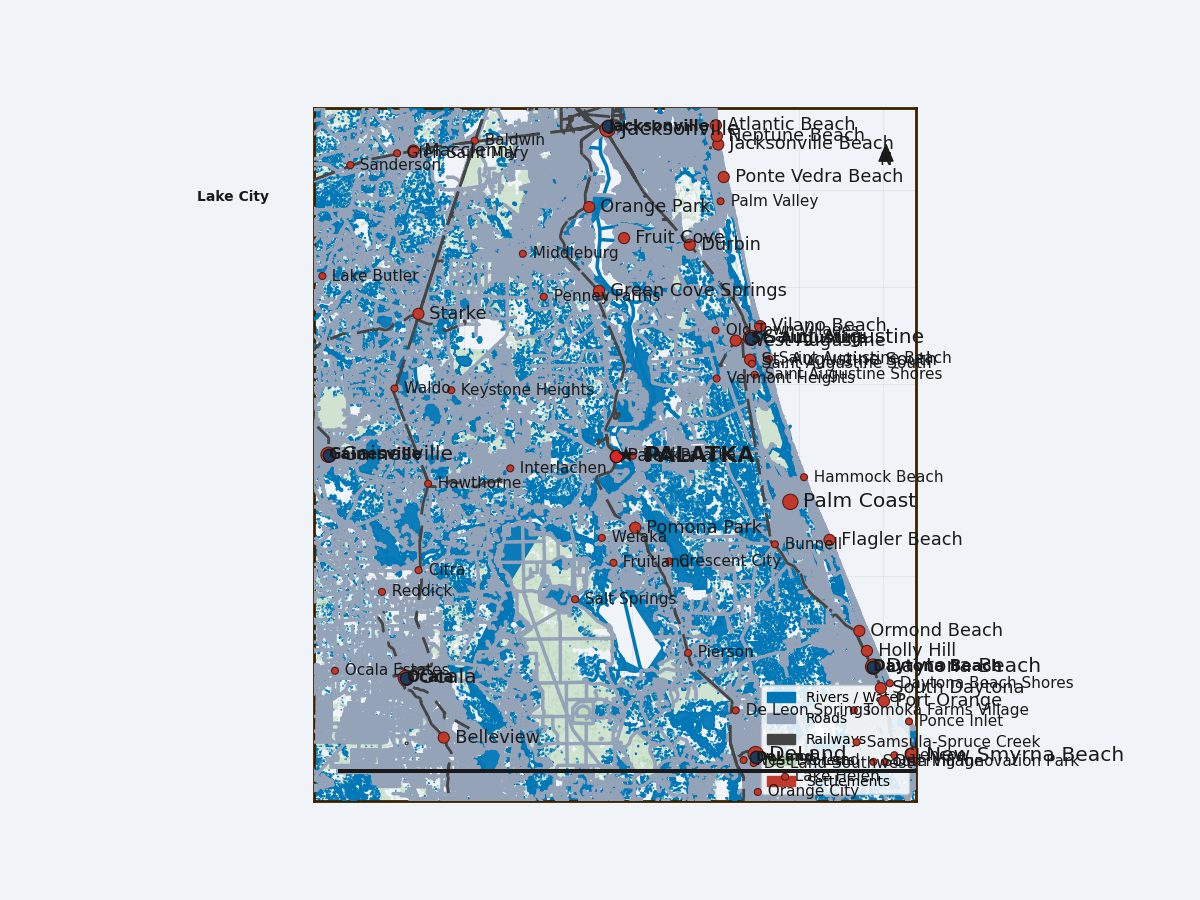 Map showing 50-mile service area around Palatka Florida