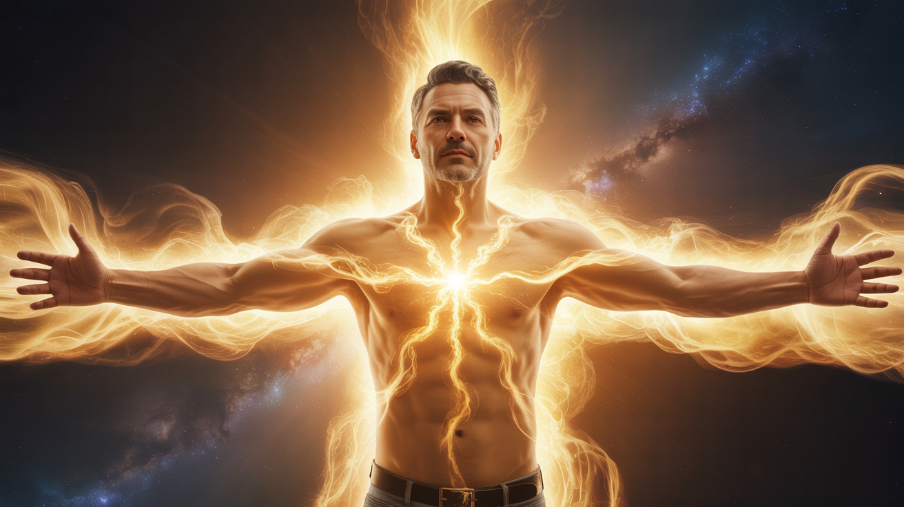 Muškarac četrdesetih godina stoji sa raširenim rukama, zlatno-bela energija izvire iz srčane čakre i obavija celo telo u svetlosni omotač. Zadržavanje semena i transformacija energije u snagu, moć i višu svest