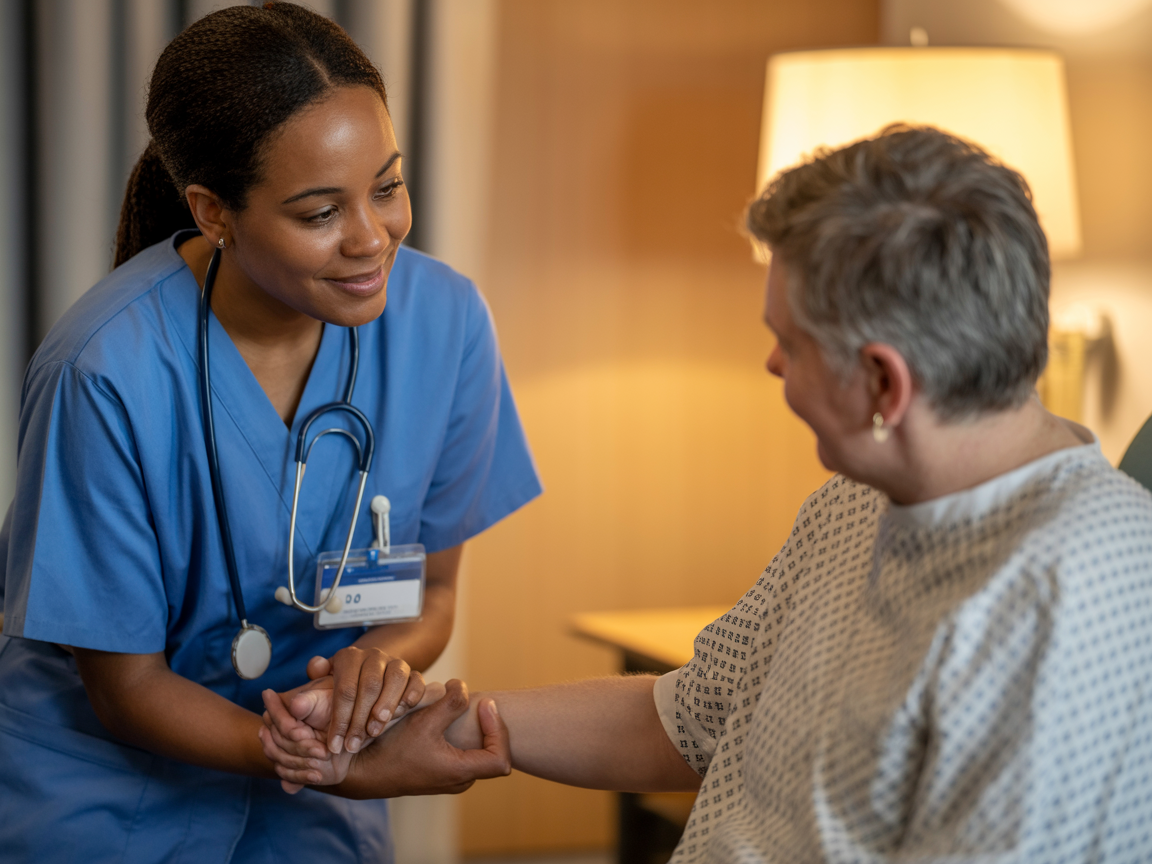 Compassionate healthcare provider with BIPOC patient showing supportive care