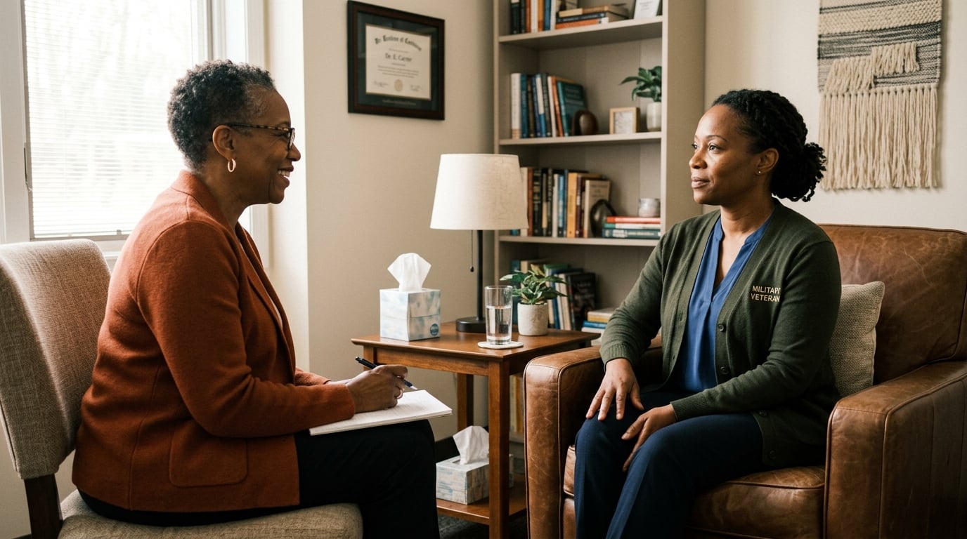 A woman veteran in a supportive one-on-one therapy session