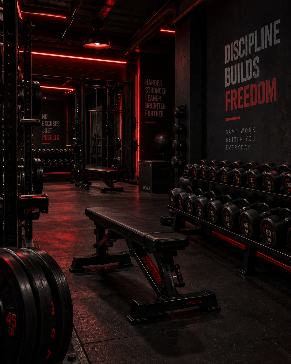 Interior de gimnasio oscuro con iluminación roja — Flex & Chill