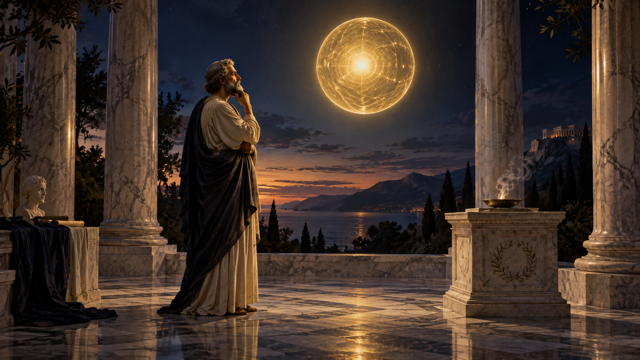 A late-antique philosopher in a marble courtyard at dusk contemplating a radiant sphere beside a small altar