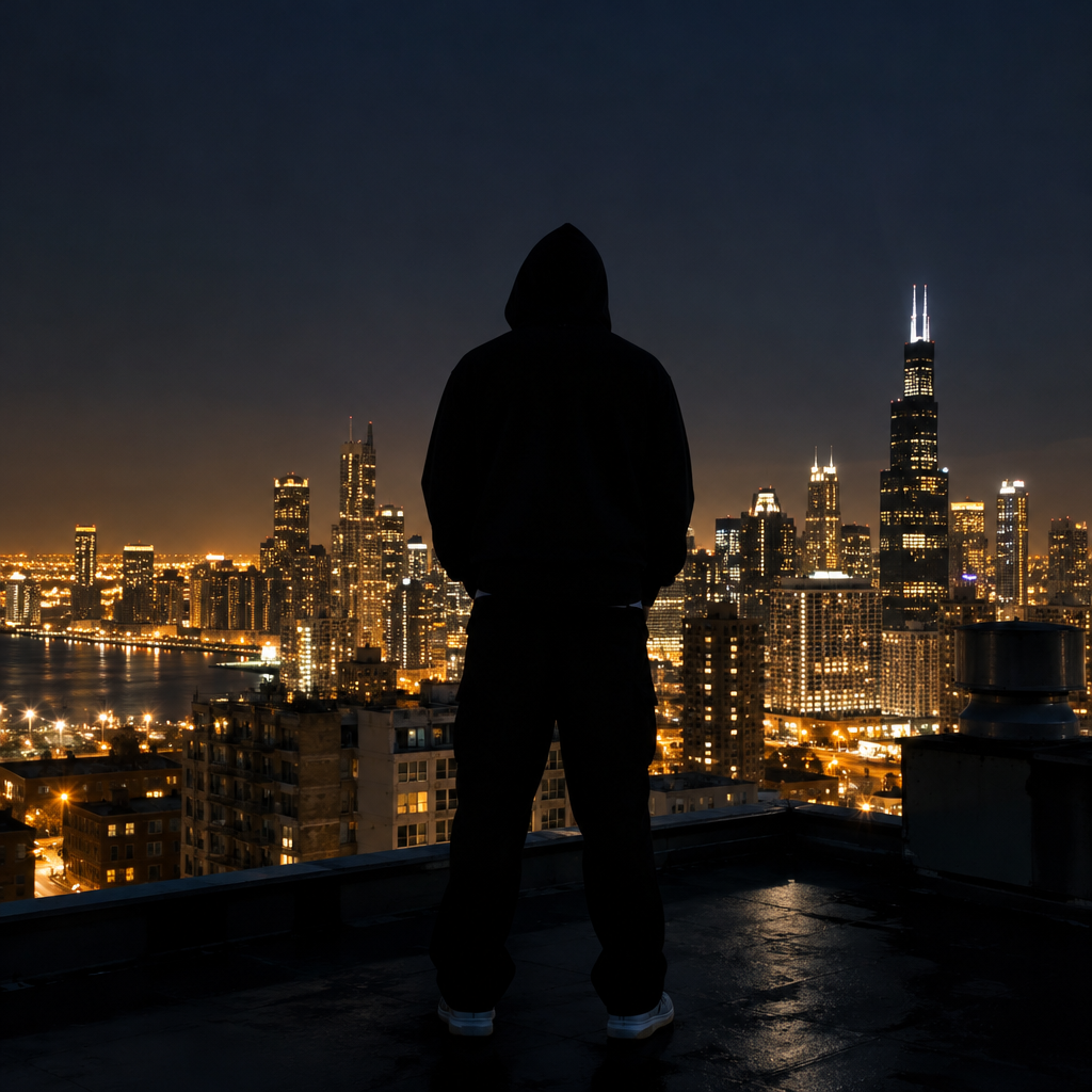 Artist silhouette against city skyline