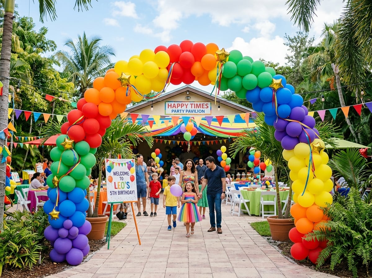 Arco de globos arcoíris para fiesta de cumpleaños
