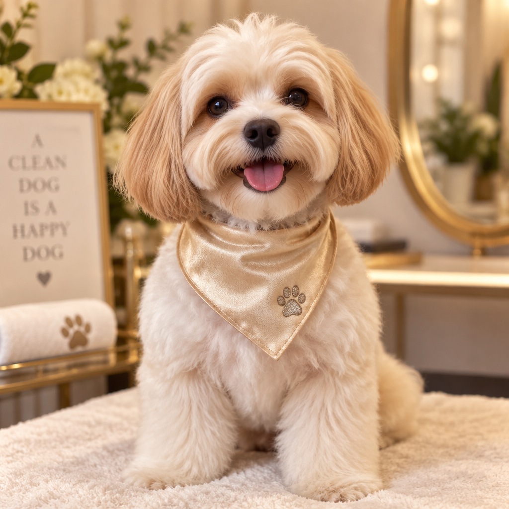 Small fluffy dog wearing stylish champagne gold bandana after grooming