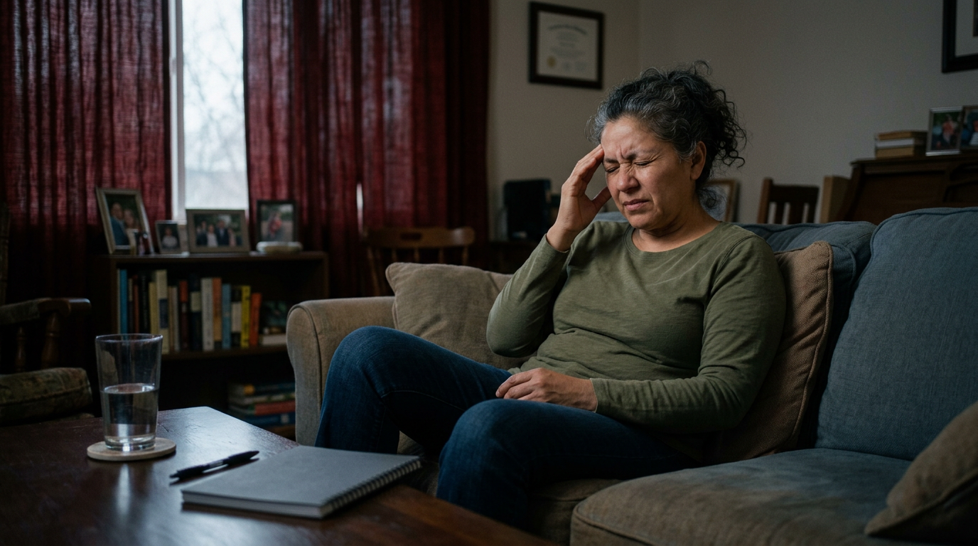 Woman veteran on her couch in a dim room pressing her fingers to her temple, a headache diary on the table