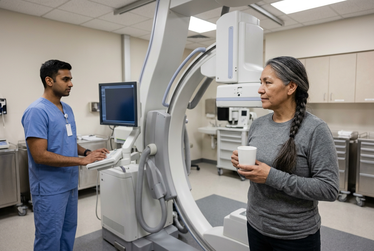 Native American female veteran in her 50s standing in front of a fluoroscopy machine holding a plain white barium contrast cup while a medical technician observes