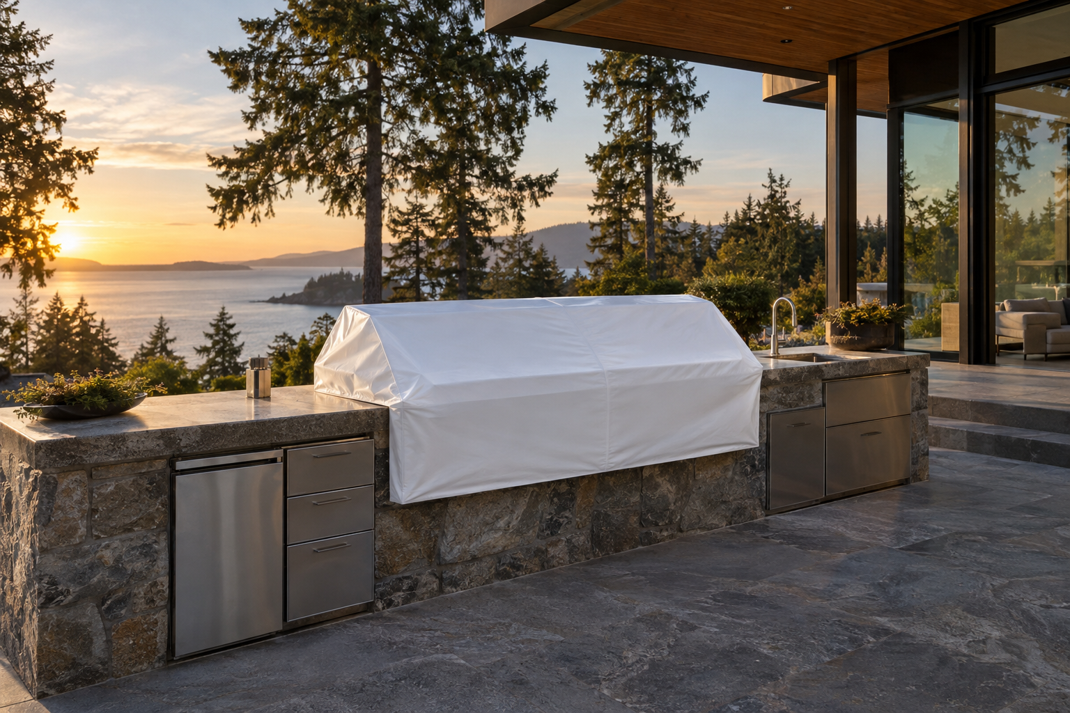 Wrapped barbecue on outdoor kitchen — concept imagery