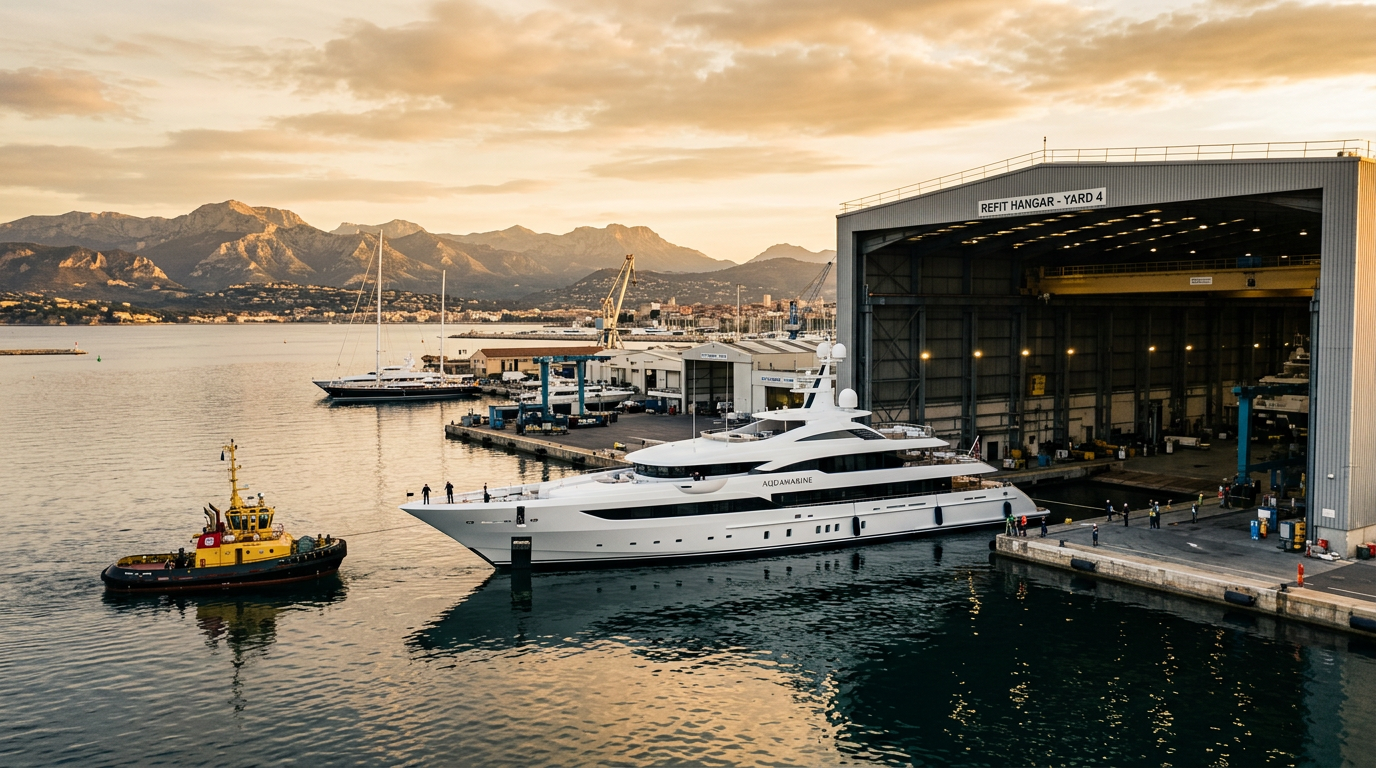 Superyacht inside a covered refit shed