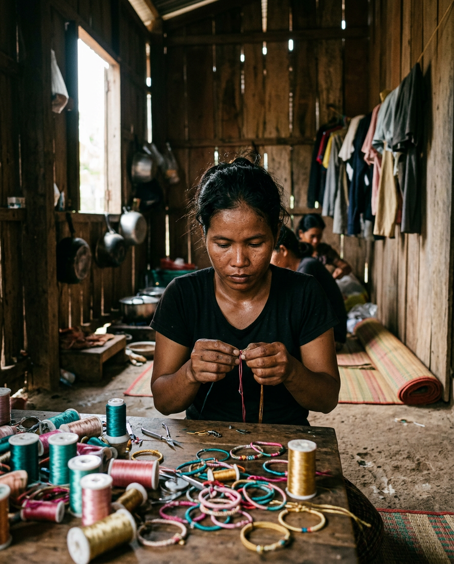 Sophea Keo knotting silk thread near Angkor Wat