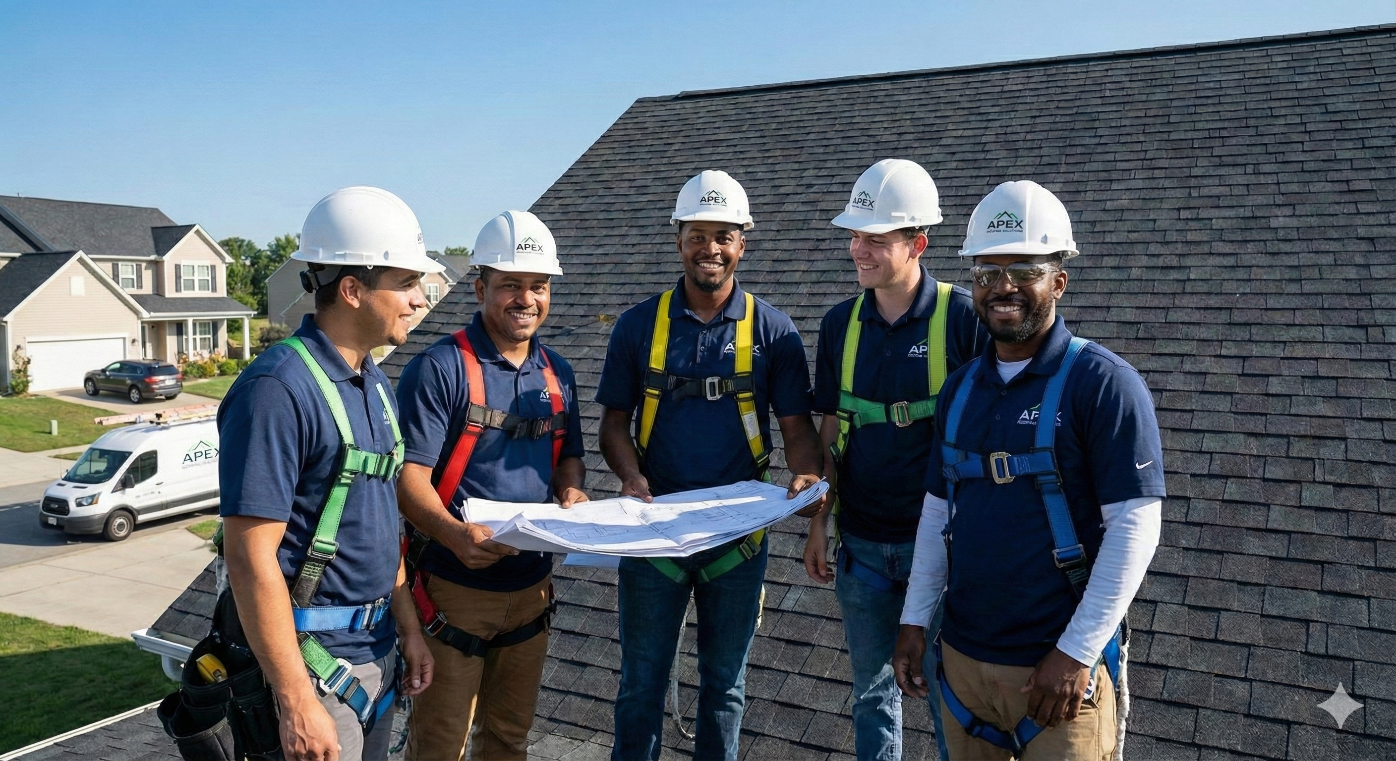 Professional roofing team performing quality inspection
