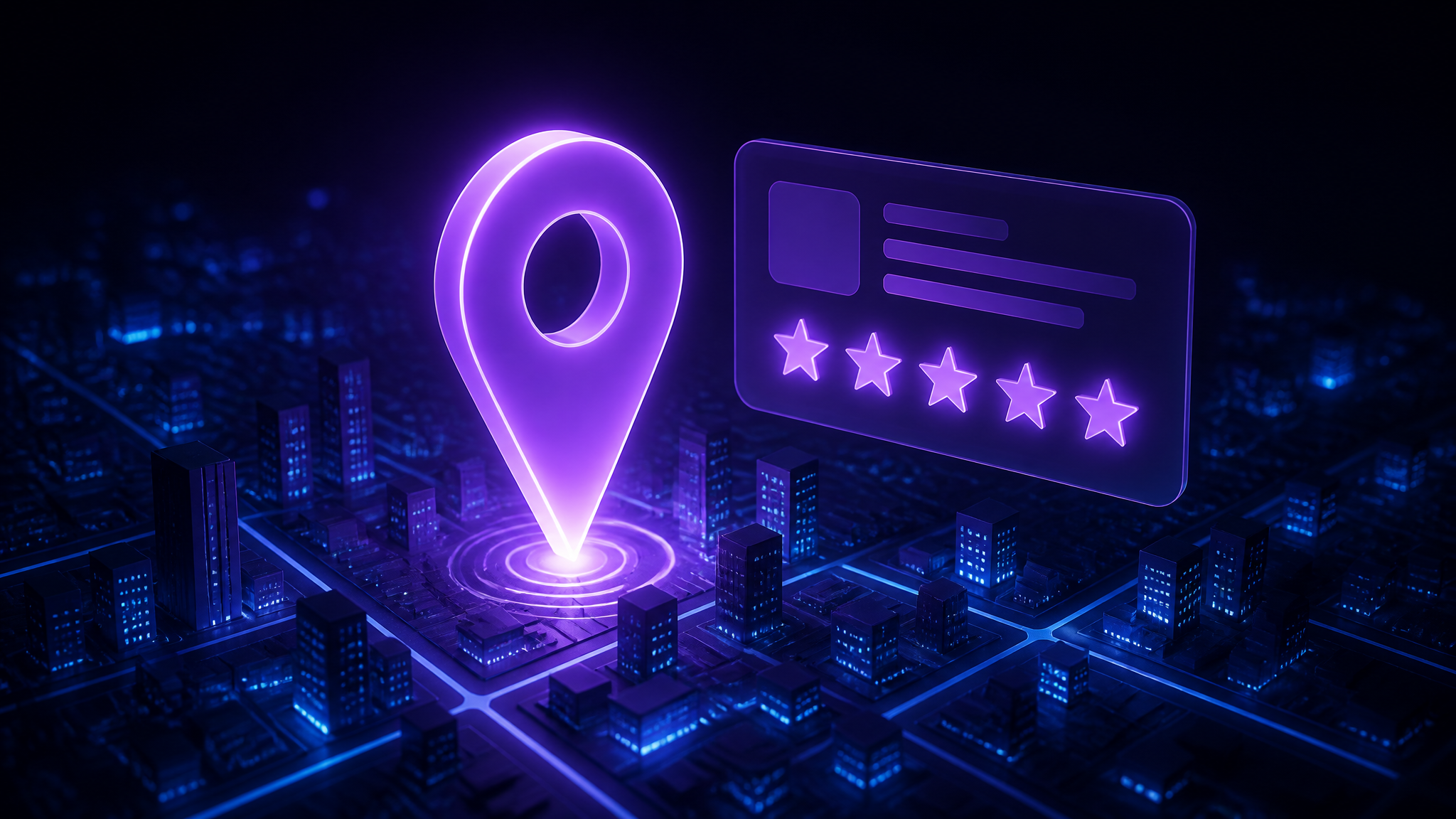 Glowing purple map pin rising above an abstract city district beside a floating business listing card with star ratings