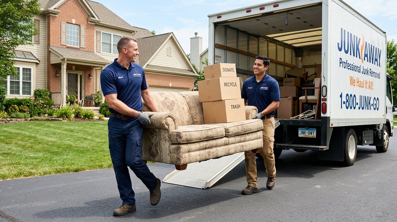 Junk removal crew loading items into a hauling truck