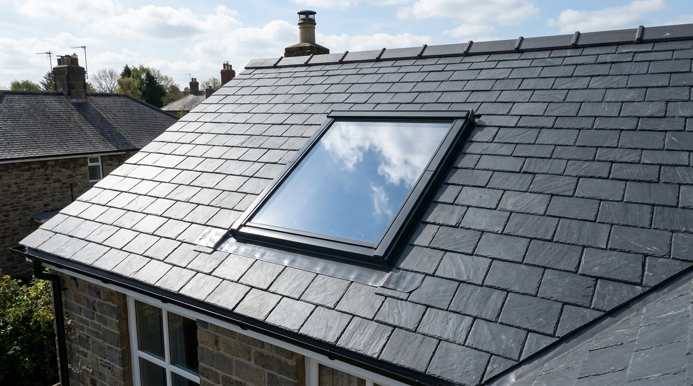 Velux skylight window installation in slate roof