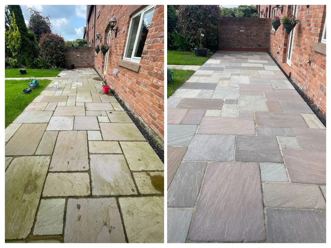Dirty patio with algae and moss before professional cleaning service in Cambridge