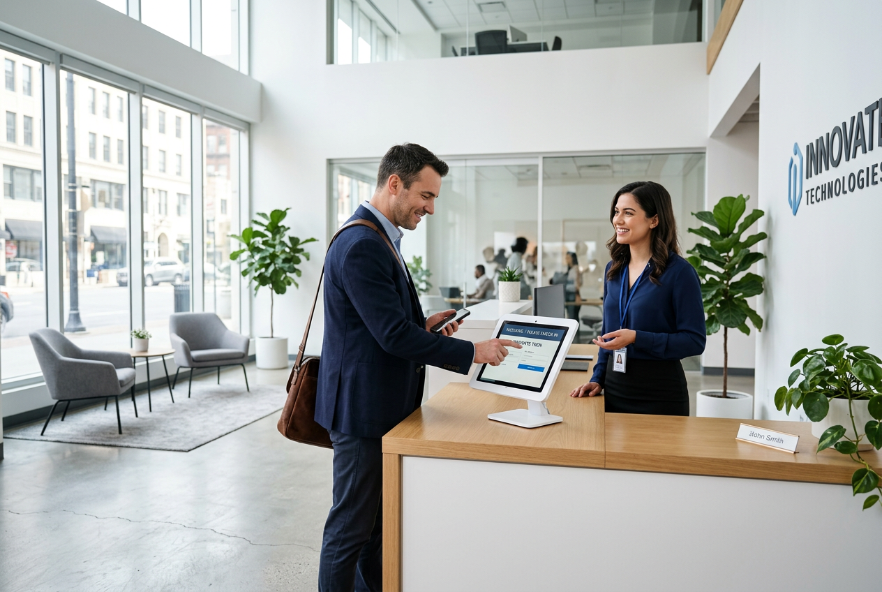 A visitor checking in at a modern office reception kiosk