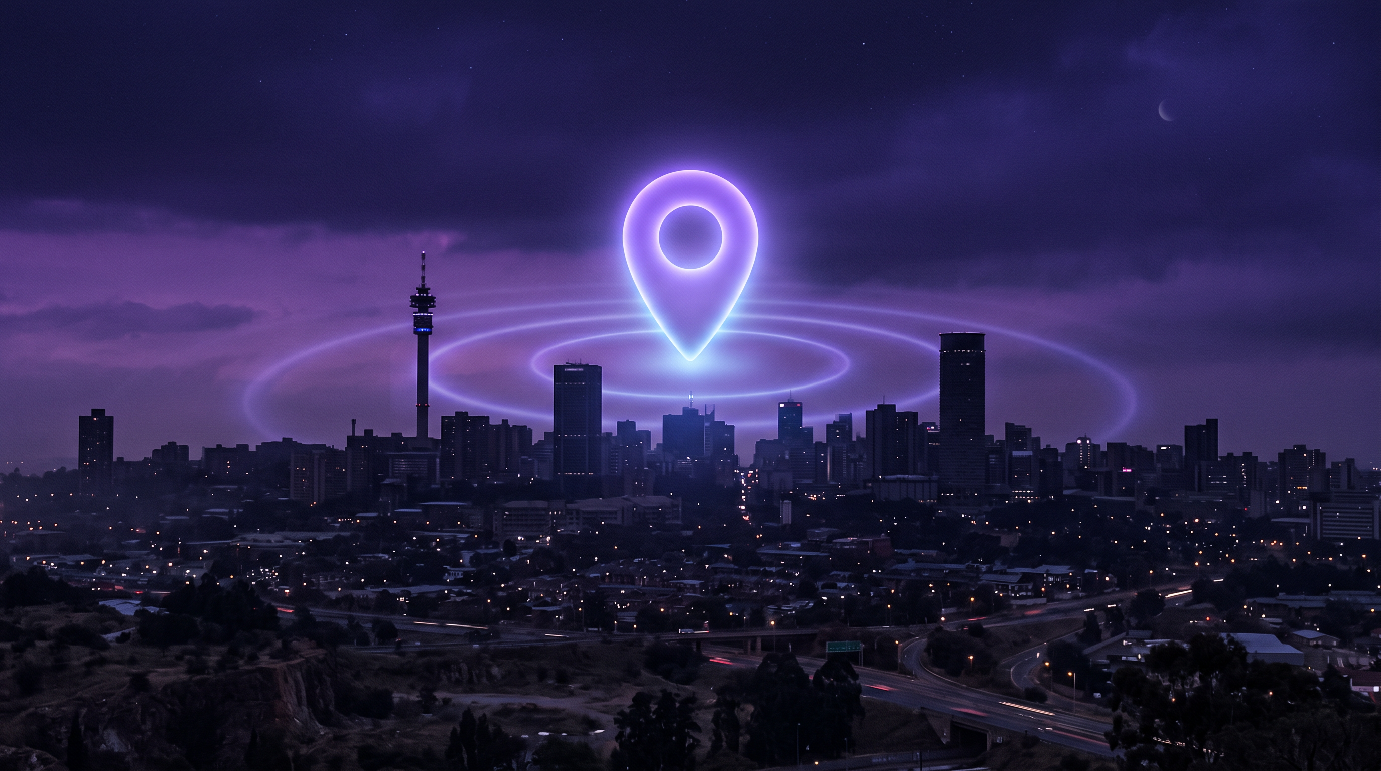 The Johannesburg skyline at dusk seen from a low angle with a large glowing violet map pin hovering above the buildings and rings of light spreading beneath it