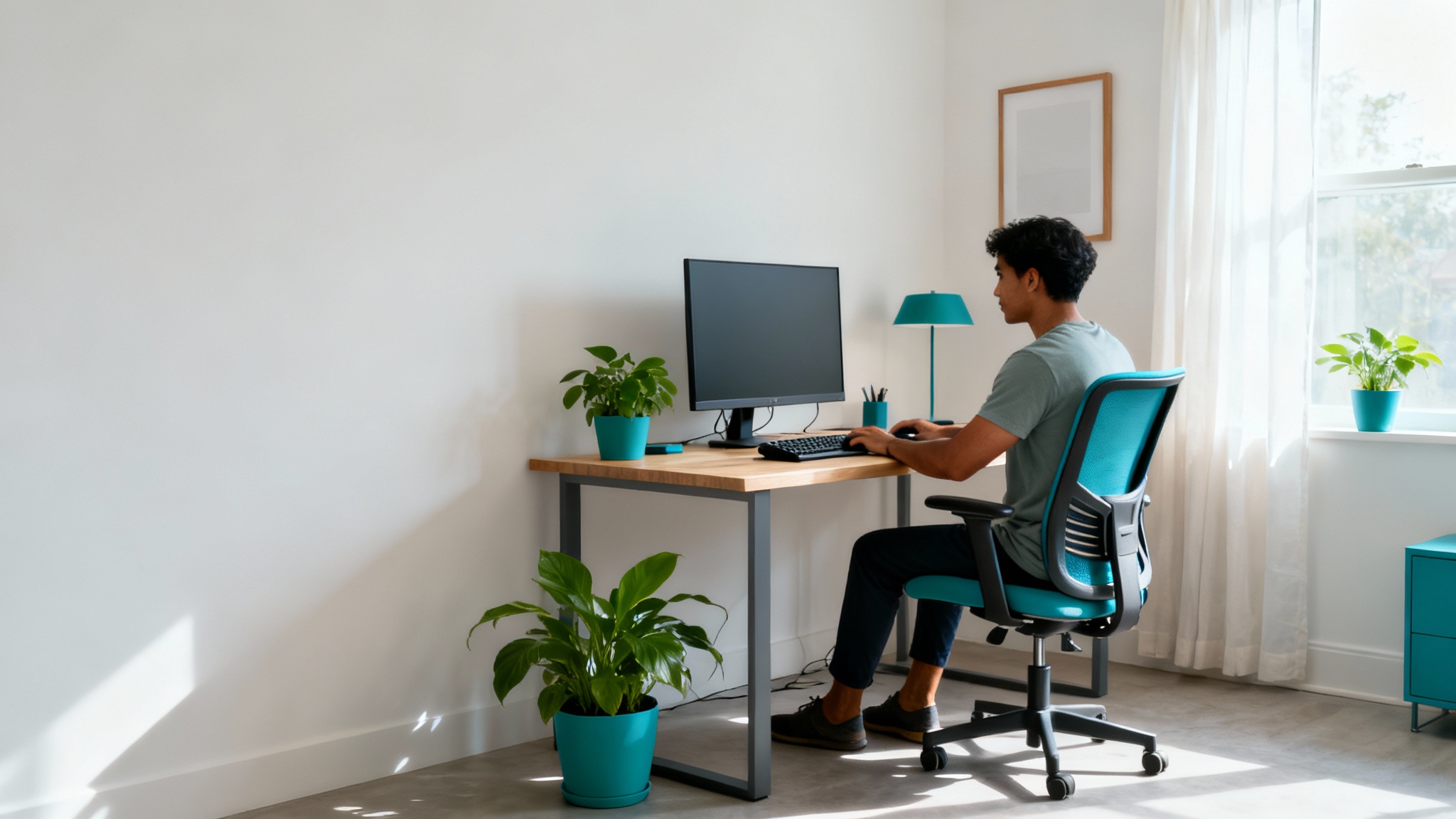 Portada de guía de higiene visual con postura ergonómica correcta y luz natural lateral.