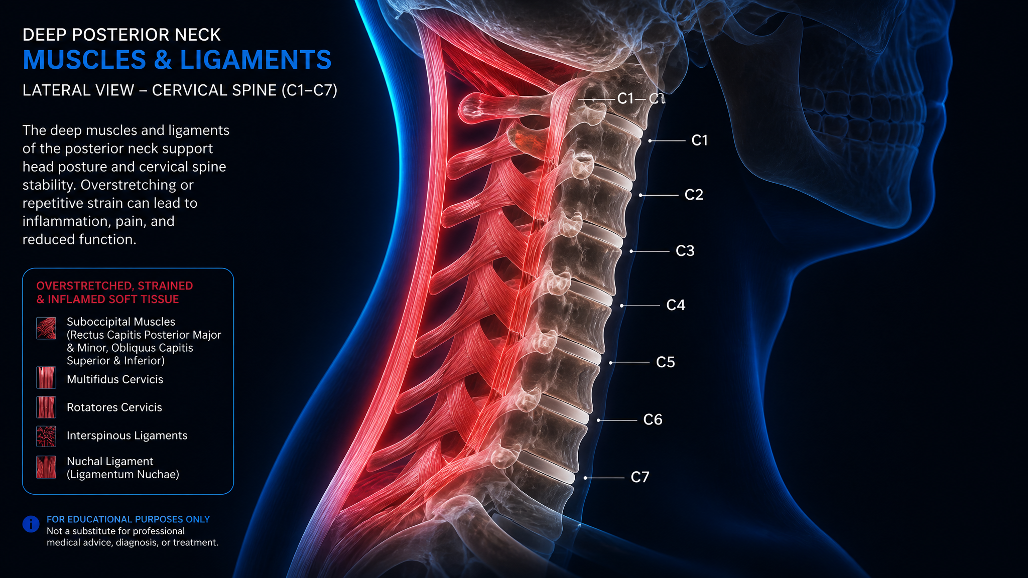 Lateral cervical spine with deep neck muscles in red