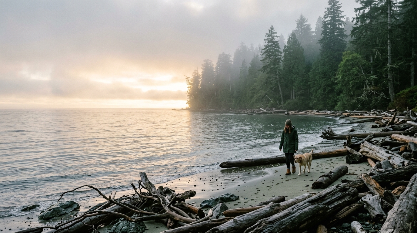 Misty Pacific Northwest coastline with driftwood at dawn