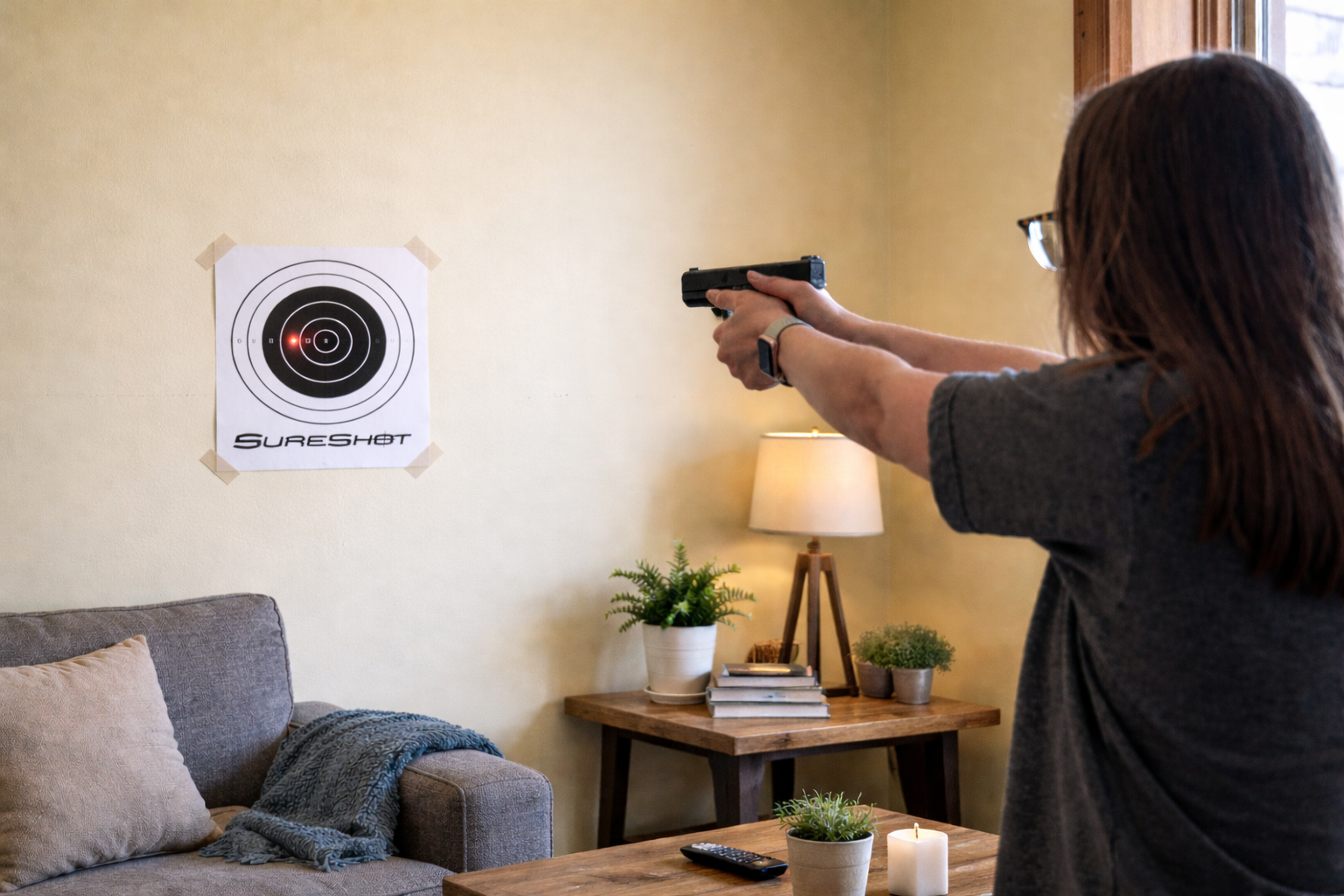 Student practicing dry-fire drills at home — aiming a pistol at a SureShot paper target taped to the living room wall