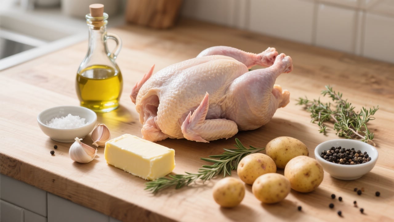 Le Poulet Roti aux Pommes de Terre 2 Poulet roti doré et croustillant, entouré de pommes de terre rôties et d’herbes fraîches, servi dans un plat blanc sur une table élégante.