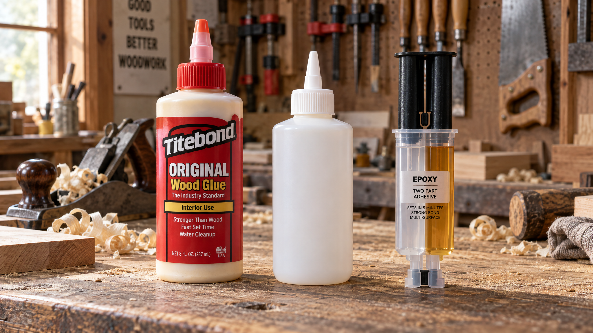 Comparativa pegamentos para madera: Titebond, PVA genérico y epoxi en banco de carpintería