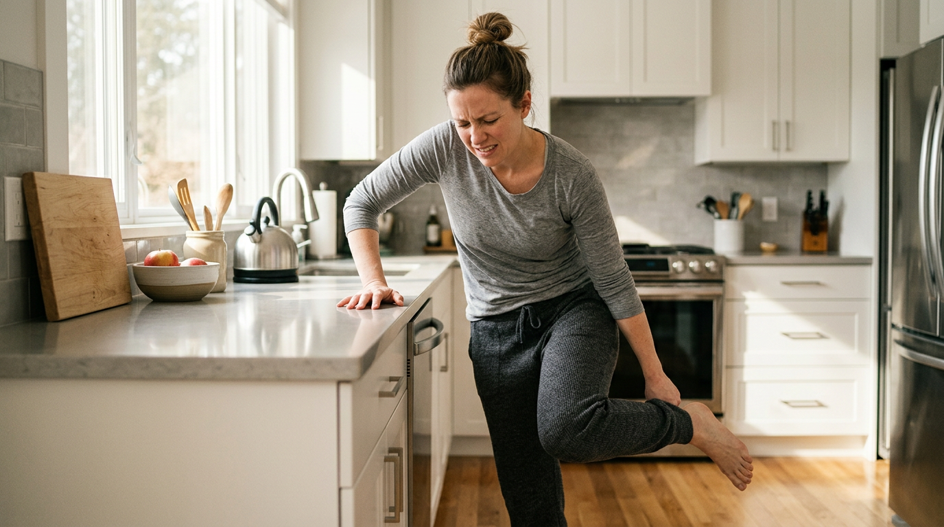White female veteran in her 30s leaning against a kitchen counter grimacing showing heel pain after prolonged standing