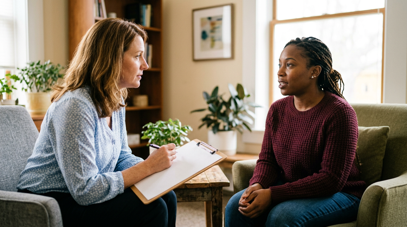 A clinician recording responses on a blank clipboard during a structured cognitive interview with a veteran in a bright exam room, representing facet-by-facet TBI scoring