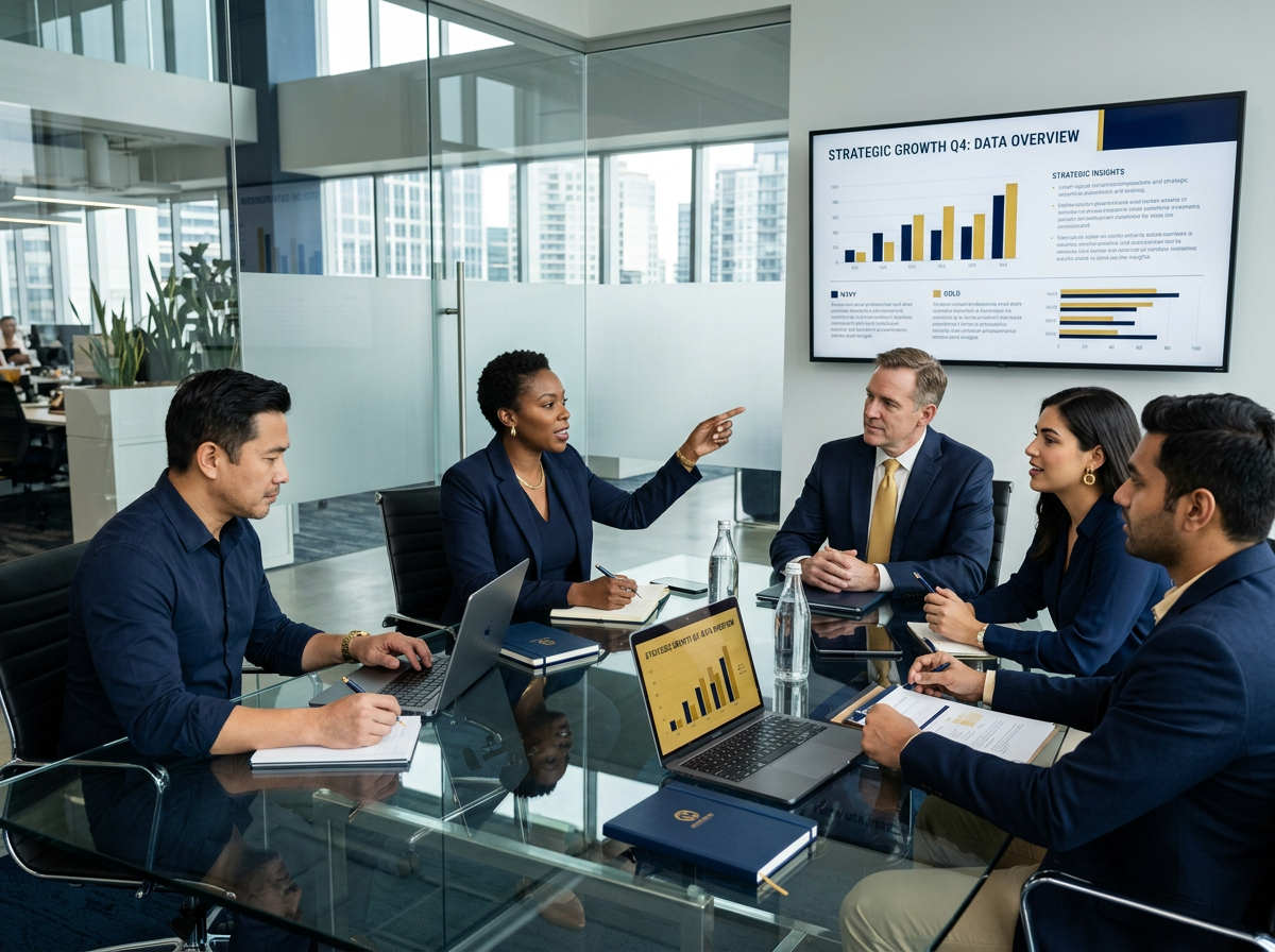 Executive leadership team collaborating in a modern navy and gold-toned office