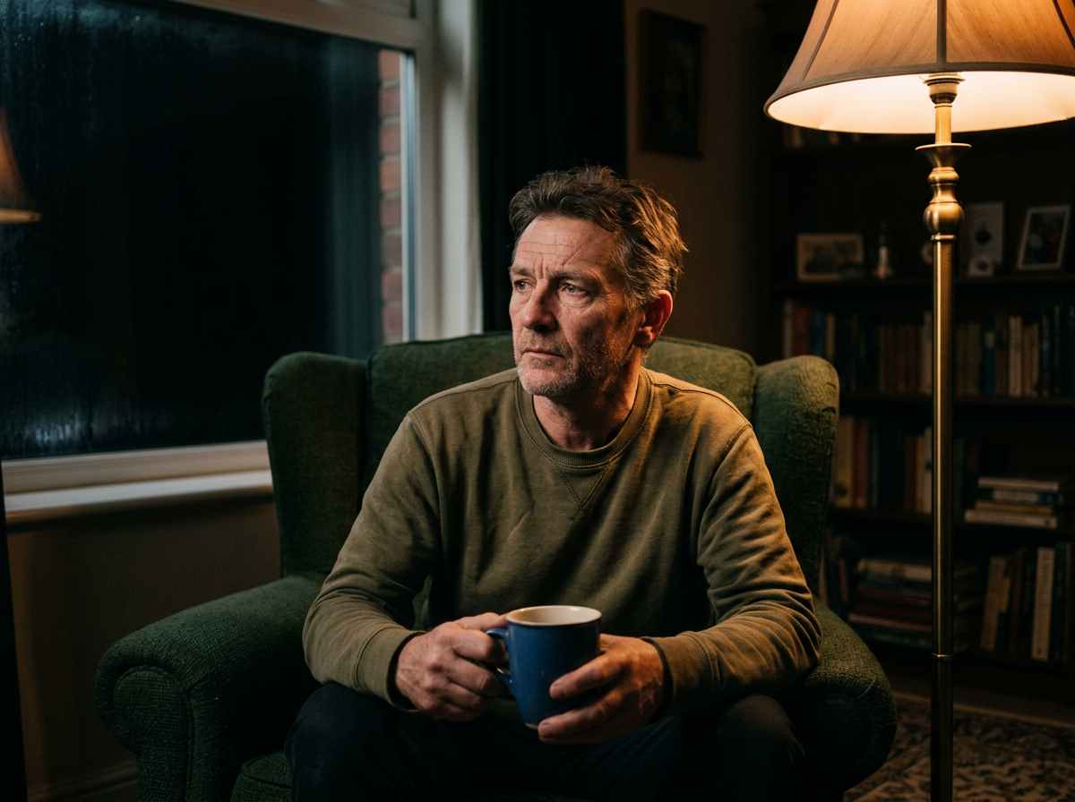 A veteran in his 50s sitting alone in a dim room, staring ahead