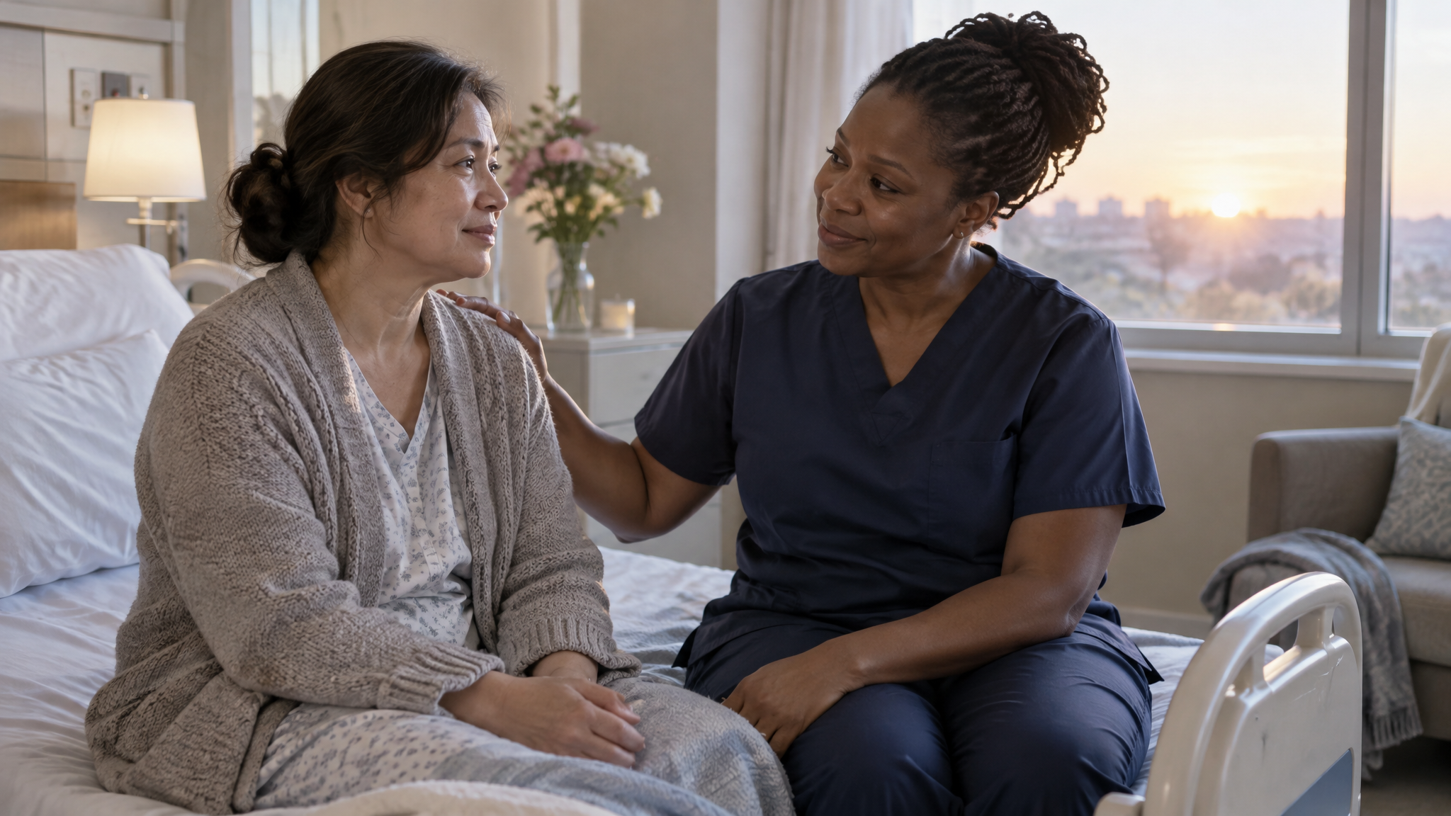 A woman veteran in a cardigan sitting on the edge of a hospital bed at dawn while a woman nurse rests a hand on her shoulder