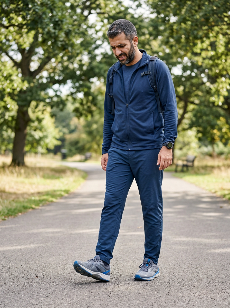 Middle-Eastern male veteran in his 40s walking on a path with a visibly pronated, flat-footed gait and discomfort