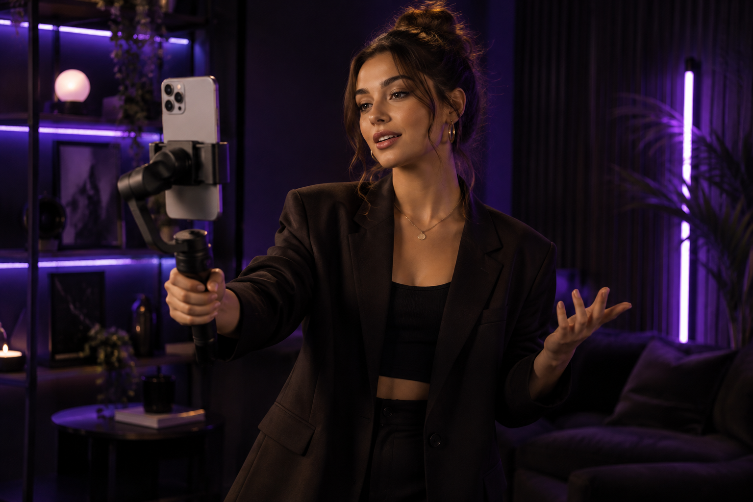 Creator filming vertical social video on a gimbal in a violet-lit studio