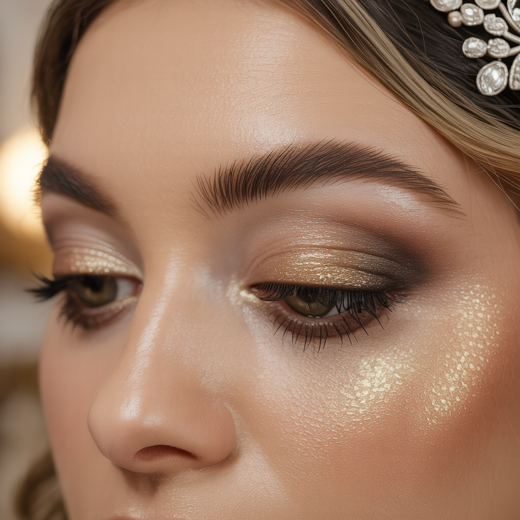 Close-up bridal eye makeup with gold shimmer detail