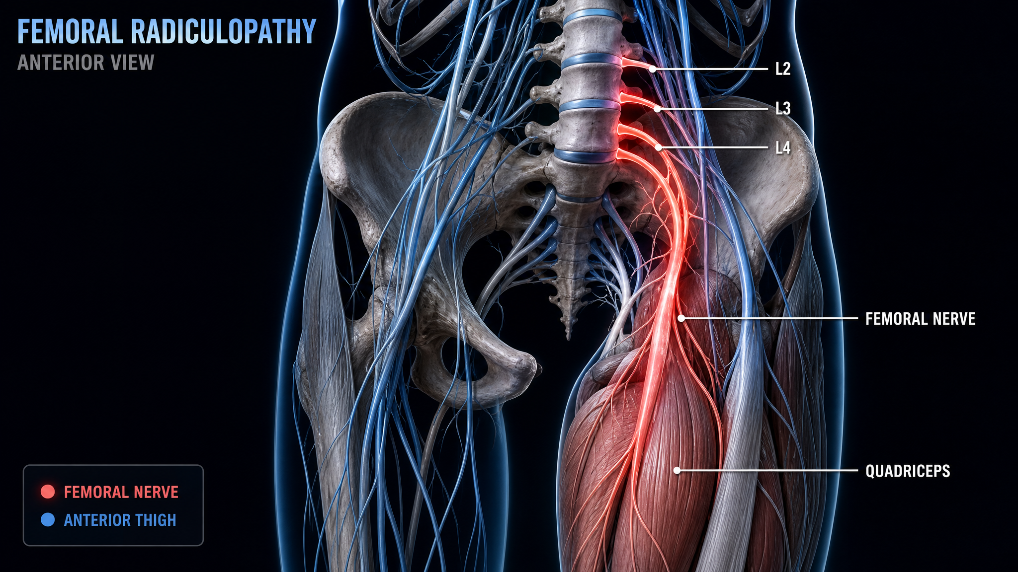 Femoral radiculopathy anatomical diagram, inflamed femoral nerve L2-L4