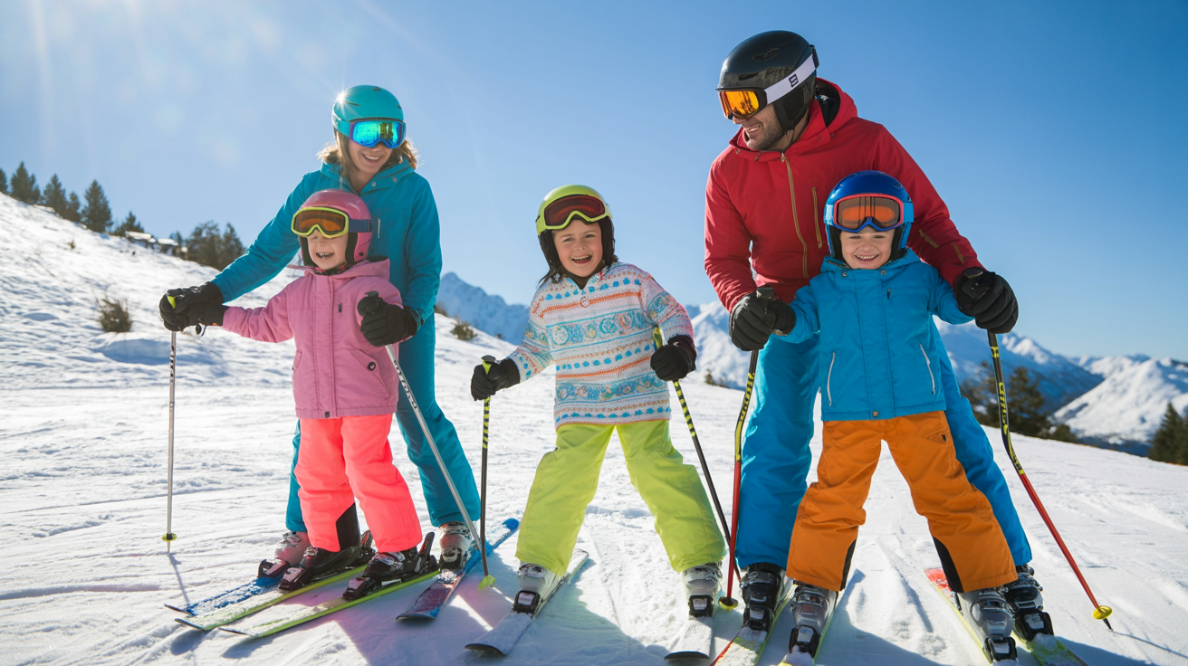 Familie beim Skifahren auf einer verschneiten Piste