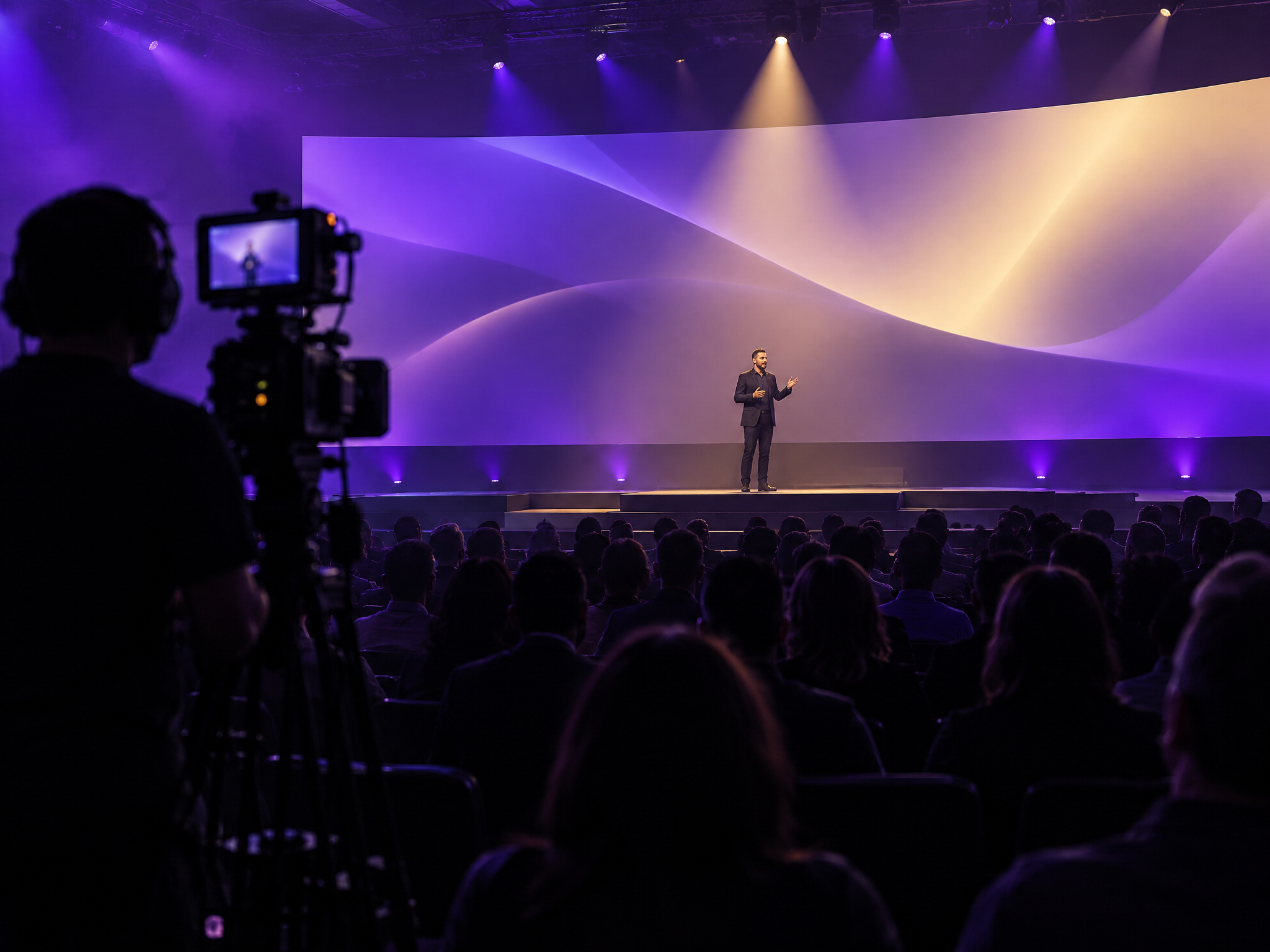 Keynote speaker on stage filmed from the back of the auditorium