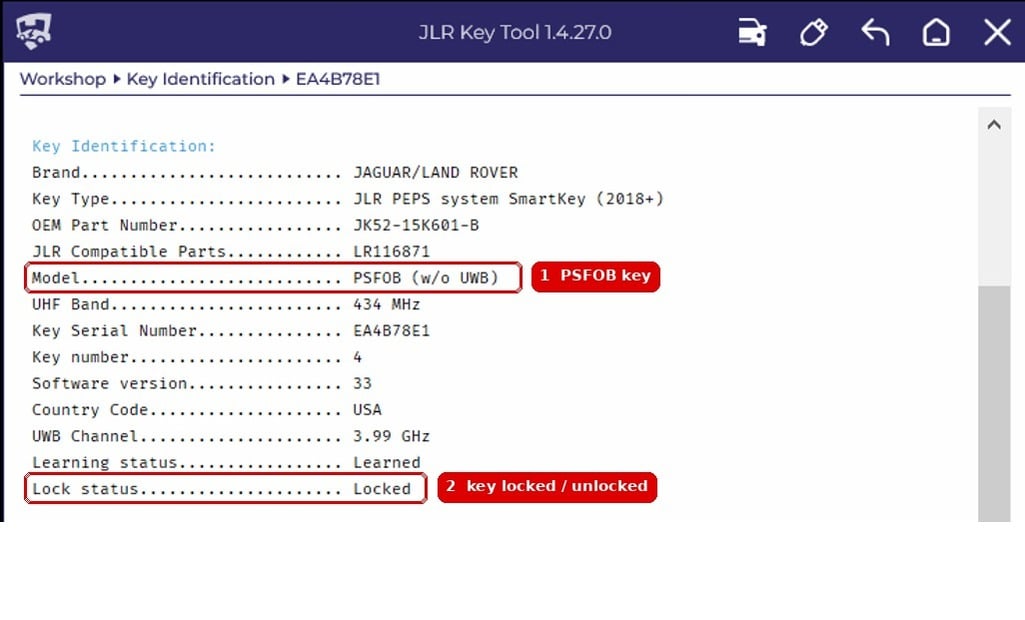 JLR Key Tool SW02 Key Identification screen showing the key model and key lock status highlighted in red