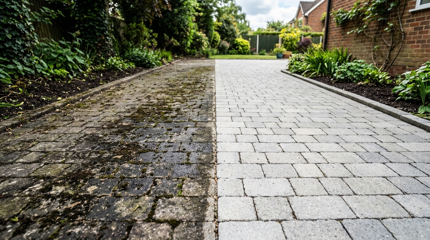 Before and after powerwashing transformation on paving