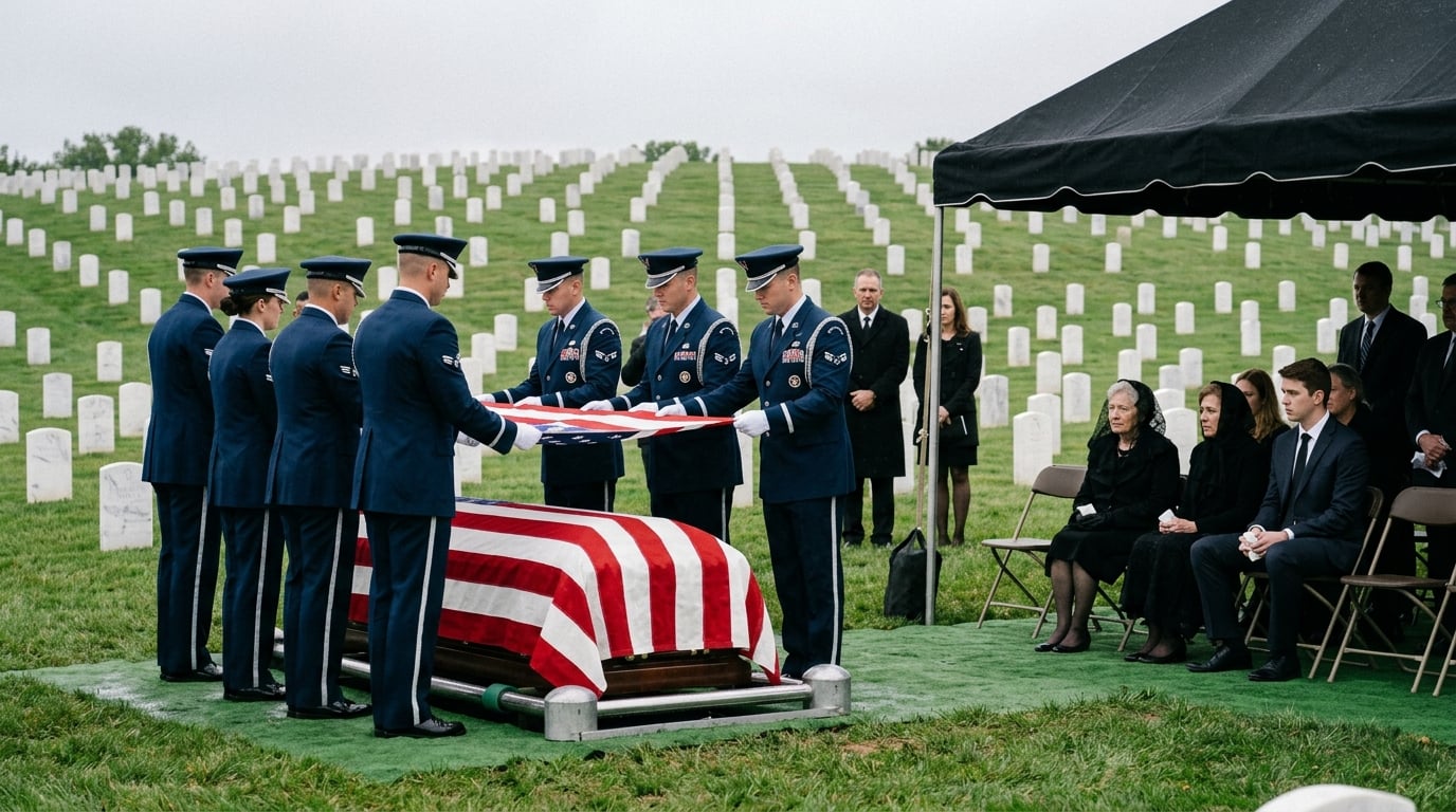 Military funeral honors ceremony at a national cemetery with flag being folded over a casket