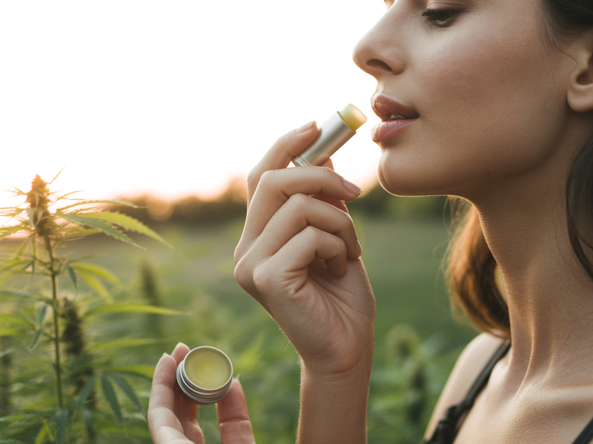 Person applying CBD lip balm with natural hemp plant background lifestyle shot