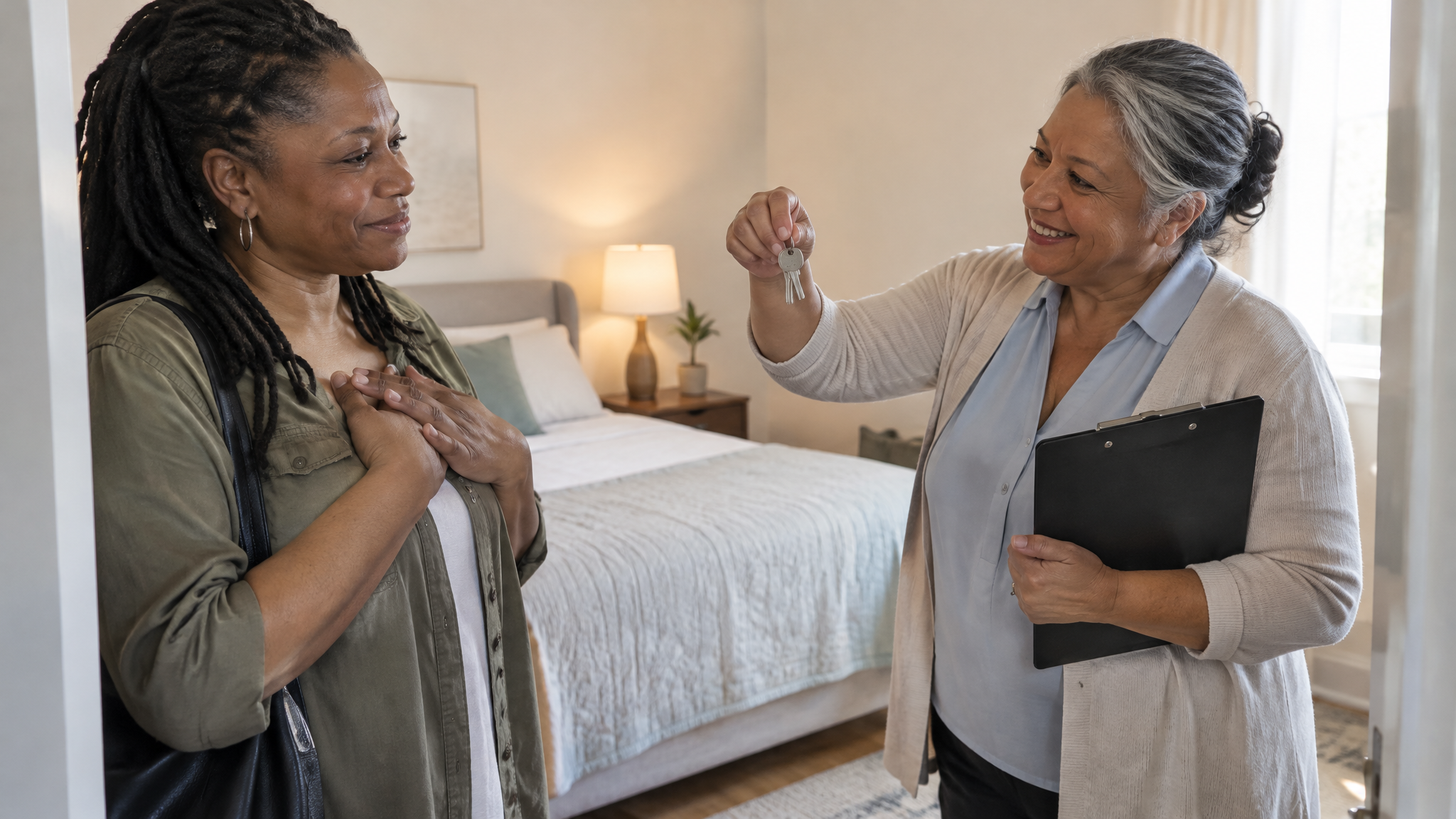 A woman veteran being shown into a clean furnished bedroom by a female case manager holding keys