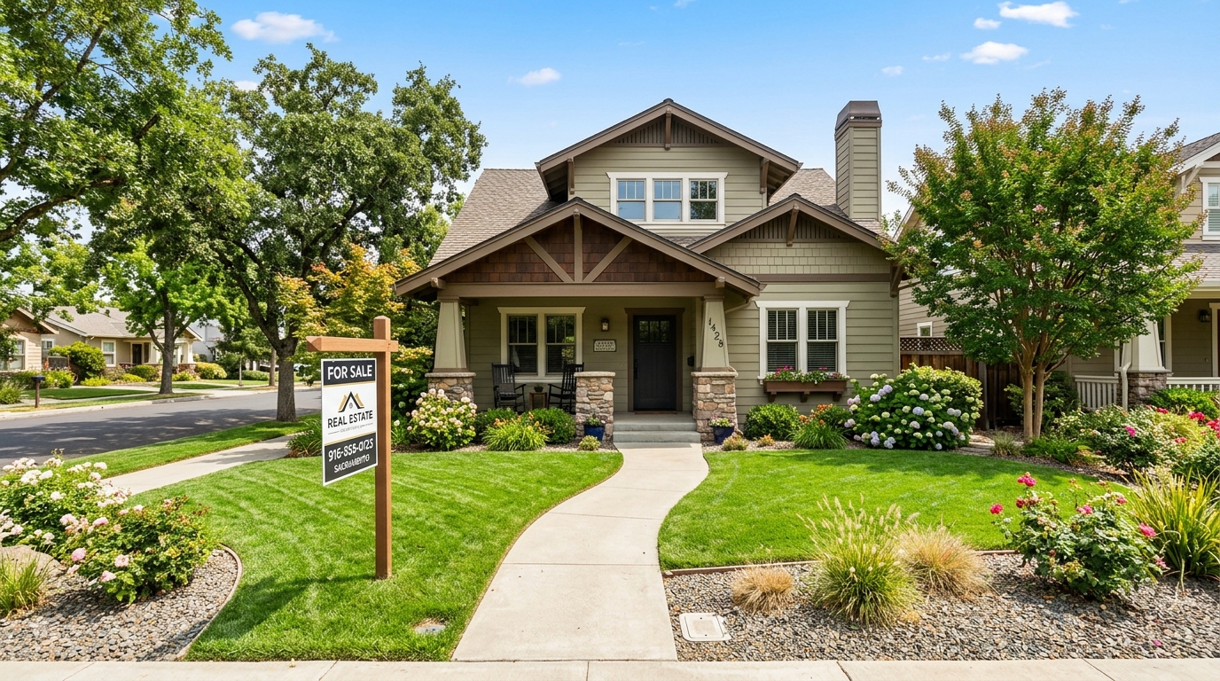 Beautiful Sacramento home with For Sale sign in front yard